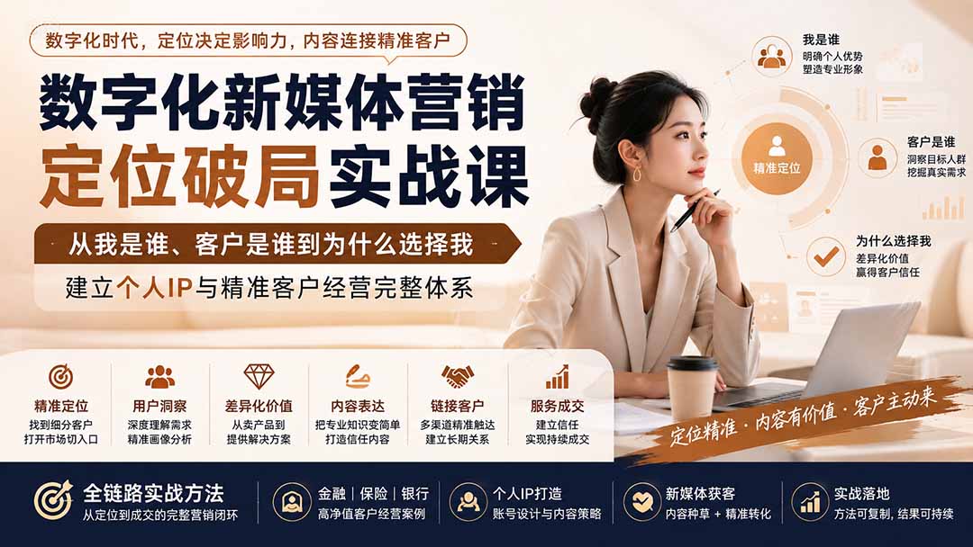 数字化新媒体营销定位破局实战课：从我是谁、客户是谁到为什么选择我，建立个人IP与精准客户经营完整体系-独家科技资源网