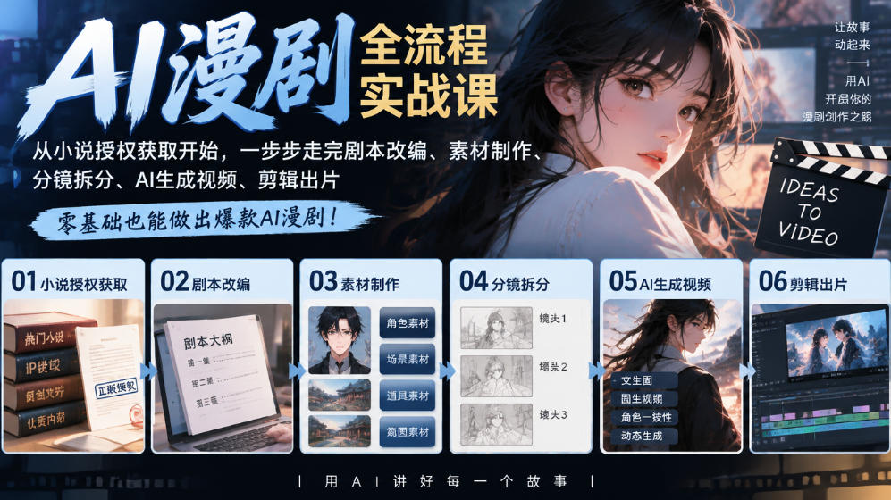 AI漫剧全流程实战课｜从小说授权获取开始，一步步走完剧本改编、素材制作、分镜拆分、AI生成视频、剪辑出片全流程-独家科技资源网