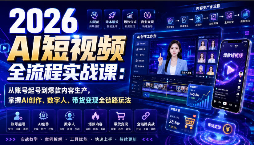 2026 AI短视频全流程实战课：从账号起号到爆款内容生产，掌握AI创作、数字人、带货变现全链路玩法-独家科技资源网