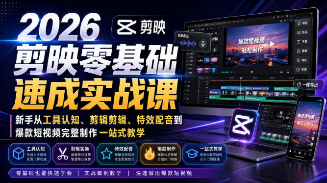 2026剪映零基础速成实战课|新手从工具认知、剪辑剪辑、特效配音到爆款短视频完整制作一站式教学-独家科技资源网