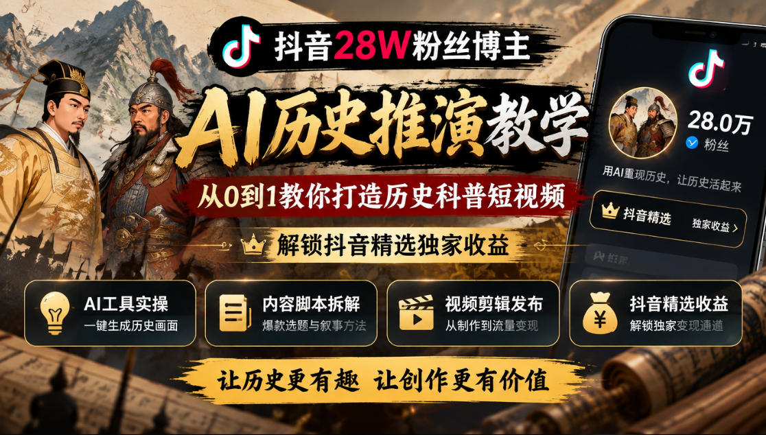 抖音28W粉丝博主的AI历史推演教学,从0到1教你打造历史科普短视频,解锁抖音精选独家收益-独家科技资源网