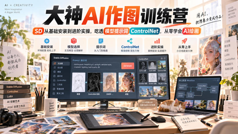 大神AI作图训练营,SD从基础安装到进阶实操,吃透模型提示词ControlNet,从零学会AI绘画-独家科技资源网