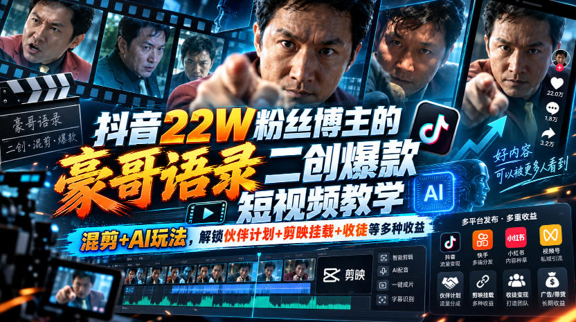 抖音22W粉丝博主的豪哥语录二创爆款短视频教学,混剪+AI玩法,解锁伙伴计划+剪映挂载+收徒等多种收益-独家科技资源网