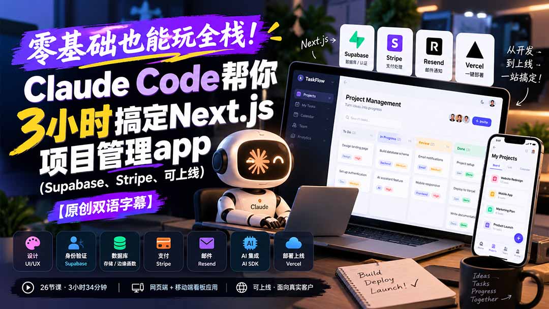 零基础也能玩全栈!Claude Code帮你3小时搞定Next.js项目管理app(Supabase、Stripe、可上线-独家科技资源网