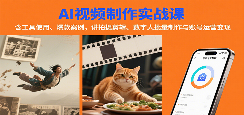 AI视频制作实战：含工具使用、爆款案例，讲拍摄剪辑、数字人批量制作与账号运营变现-独家科技资源网