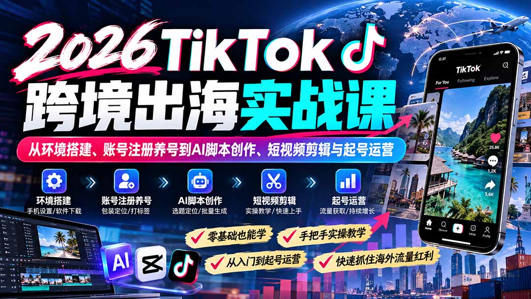 2026TikTok跨境出海实战课：从环境搭建、账号注册养号到AI脚本创作、短视频剪辑与起号运营-独家科技资源网