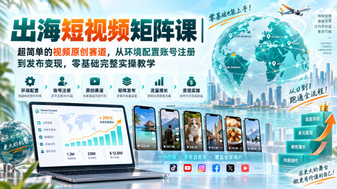 出海短视频矩阵课｜超简单的视频原创赛道，从环境配置账号注册到发布变现，零基础完整实操教学-独家科技资源网