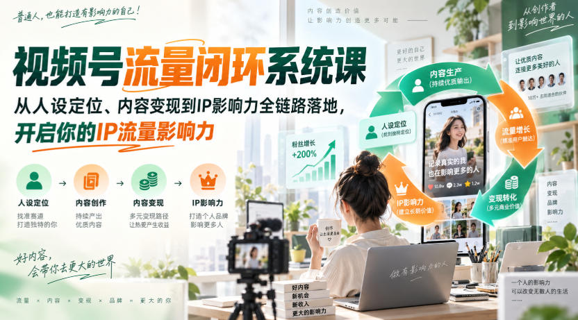 视频号流量闭环系统课，从人设定位、内容变现到IP影响力全链路落地，开启你的IP流量影响力-独家科技资源网