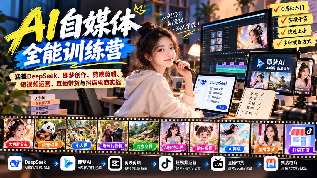 【无水印】AI+自媒体全能训练营：涵盖DeepSeek、即梦创作、剪映剪辑、短视频运营、直播带货与抖店电商实战-独家科技资源网