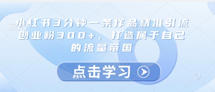 小红书3分钟一条作品精准引流创业粉300+，打造属于自己的流量帝国-独家科技资源网