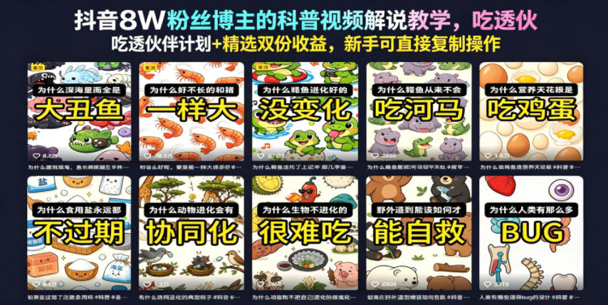 抖音8W粉丝博主的科普视频解说教学，吃透伙伴计划+精选双份收益，新手可直接复制操作-独家科技资源网