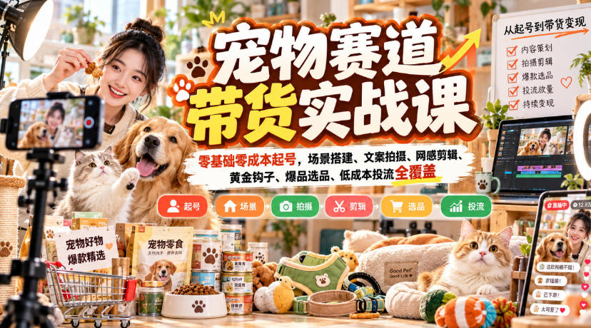 宠物赛道带货实战课，零基础零成本起号，场景搭建、文案拍摄、网感剪辑、黄金钩子、爆品选品、低成本投流全覆盖-独家科技资源网