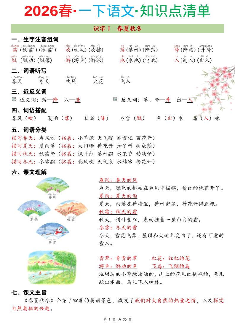 26春一年级下语文期末复习知识点清单-独家科技资源网