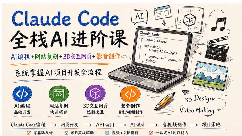 Claude Code全栈AI进阶课-更新；AI编程+网站复刻+3D交互网页+影音创作，系统掌握AI项目开发全流程-独家科技资源网