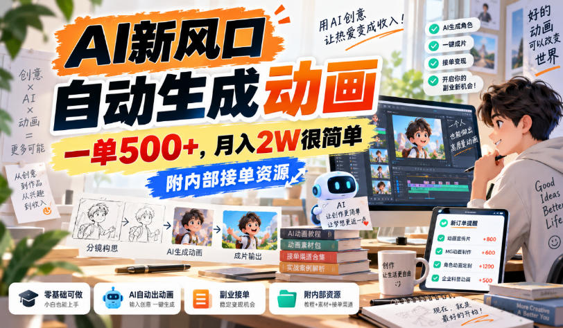 AI新风口，自动生成动画，一单500+，月入2W很简单，附内部接单资源【揭秘】-独家科技资源网