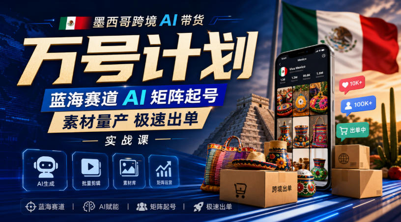 墨西哥跨境AI带货万号计划，蓝海赛道AI矩阵起号，素材量产极速出单实战课-独家科技资源网
