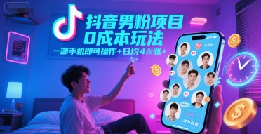 抖音男粉项目0成本玩法，一部手机即可操作，日均4张+，时间自由-独家科技资源网