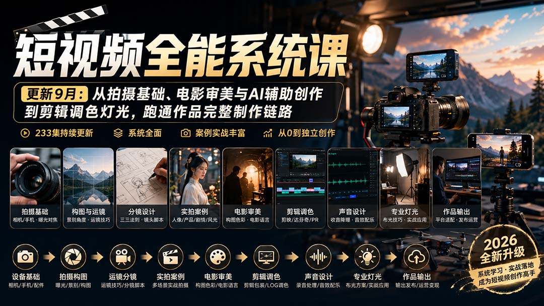 短视频全能系统课-9月完整版：从拍摄基础、电影审美与AI辅助创作到剪辑调色灯光，跑通作品完整制作链路-独家科技资源网