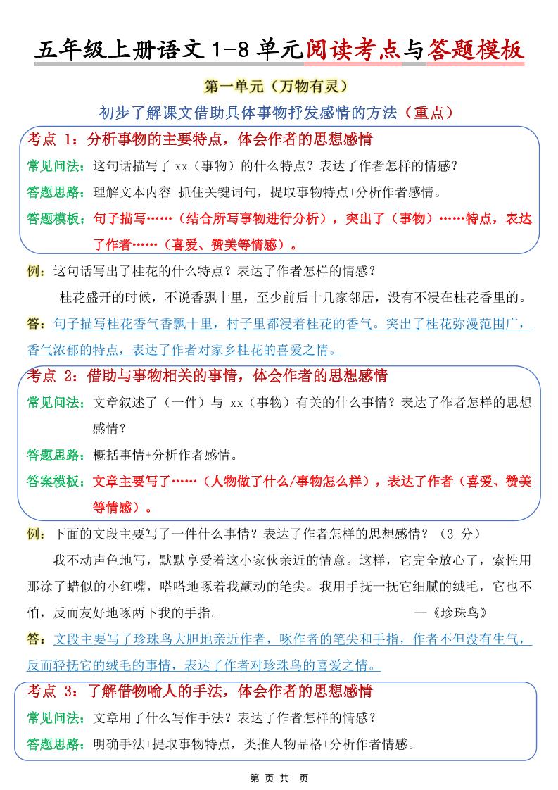 五上语文1-8单元阅读考点与答题模板-独家科技资源网