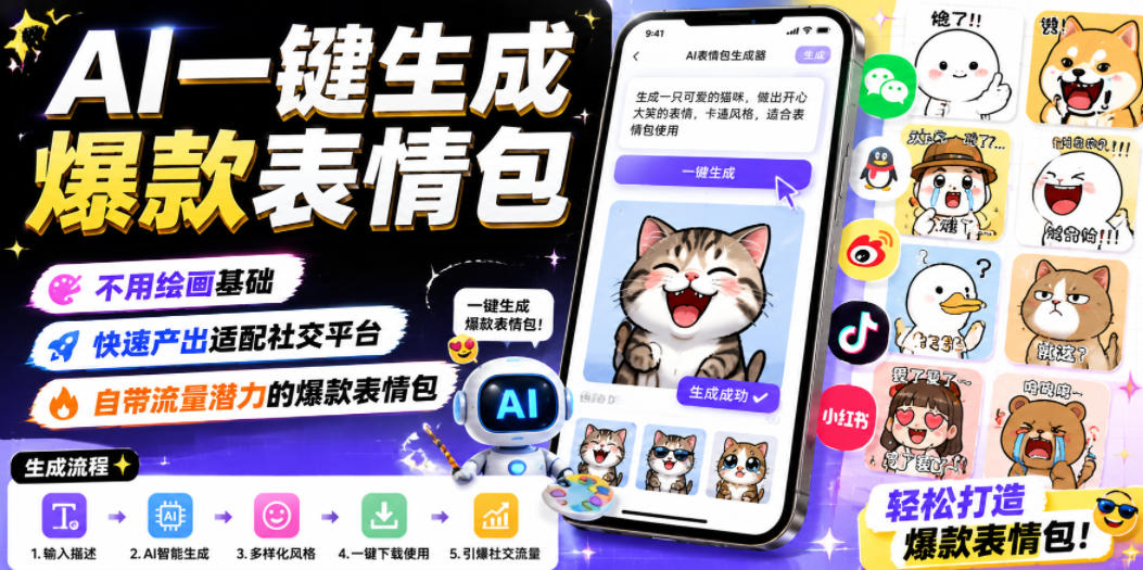 AI一键生成爆款表情包,不用绘画基础,快速产出适配社交平台,自带流量潜力的爆款表情包-独家科技资源网