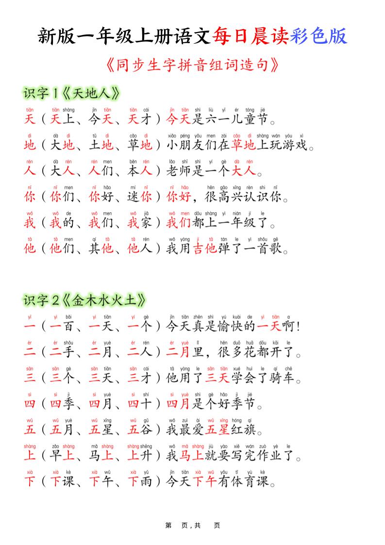 新版一年级上册语文每日晨读彩色版（生字拼音组词造句）19页-独家科技资源网