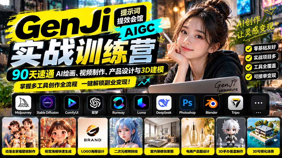 GenJi AIGC实战训练营：90天速通AI绘画、视频制作、产品设计与3D建模，掌握多工具创作全流程-独家科技资源网