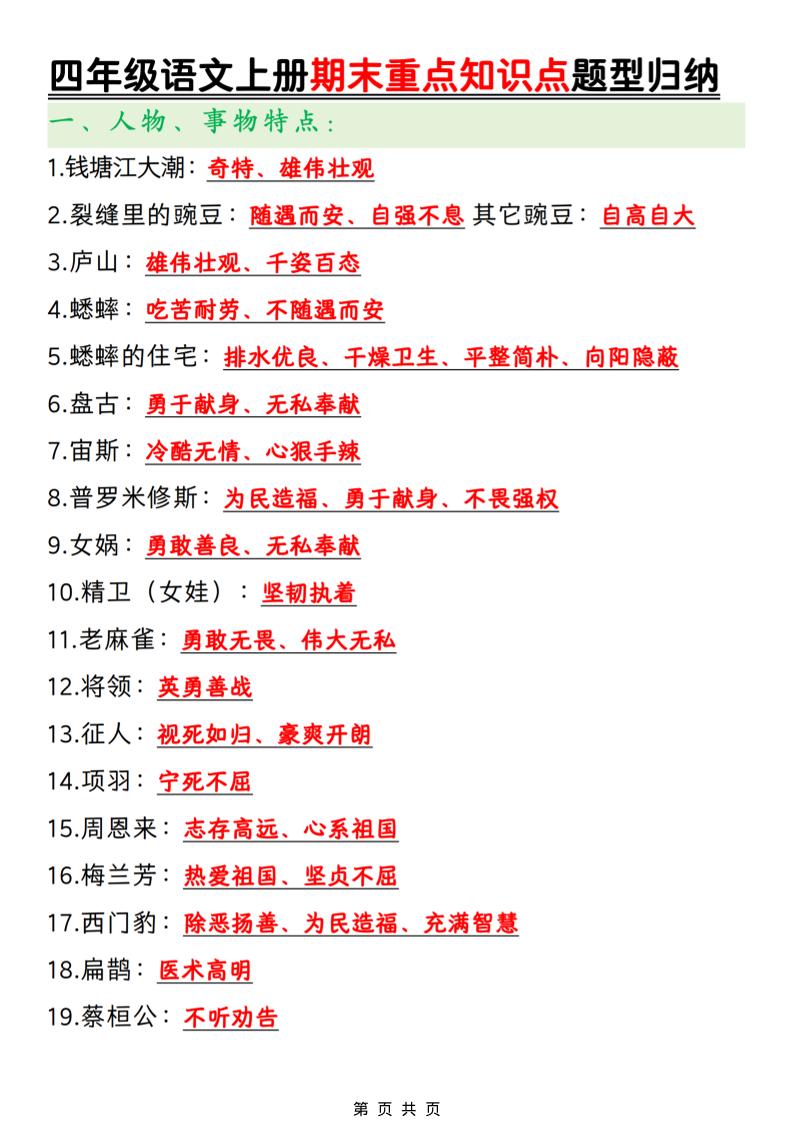 四年级上语文期末重点知识点题型归纳-独家科技资源网