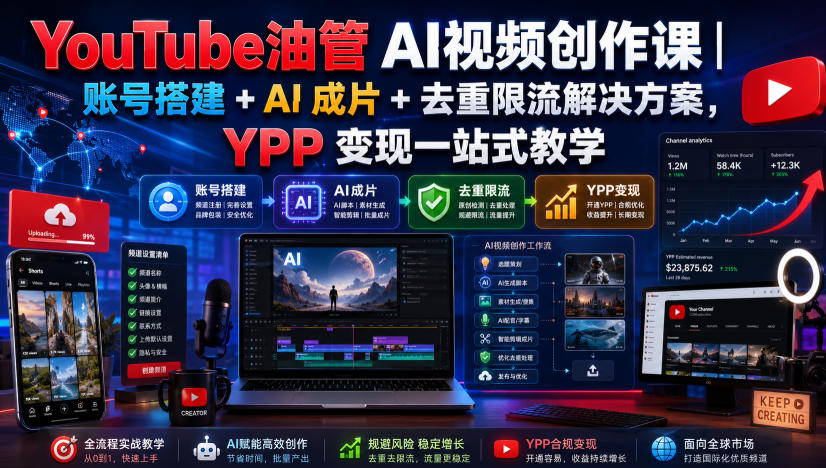 YouTube油管AI视频创作课|账号搭建+AI成片+去重限流解决方案,YPP变现一站式教学-独家科技资源网