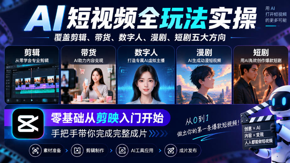 AI短视频全玩法实操，覆盖剪辑、带货、数字人、漫剧、短剧五大方向，零基础从剪映入门开始，手把手带你完成完整成片-独家科技资源网