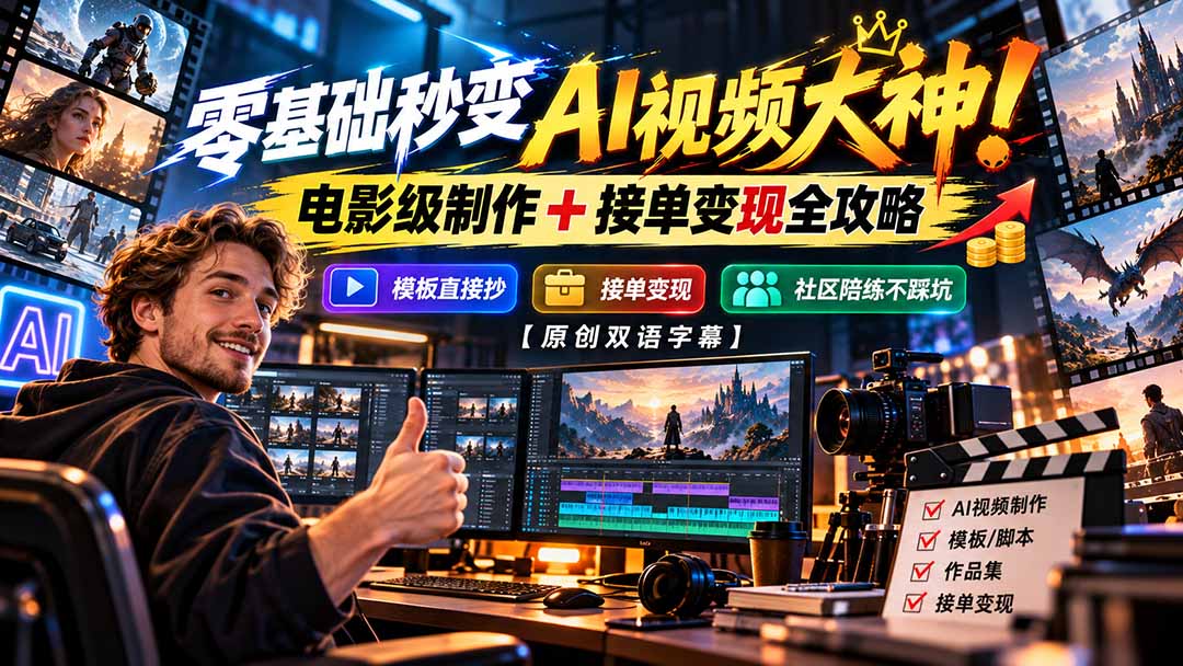 零基础秒变AI视频大神！电影级制作 + 接单变现全攻略，模板直接抄，社区陪练不踩坑【原创双语字幕】-独家科技资源网
