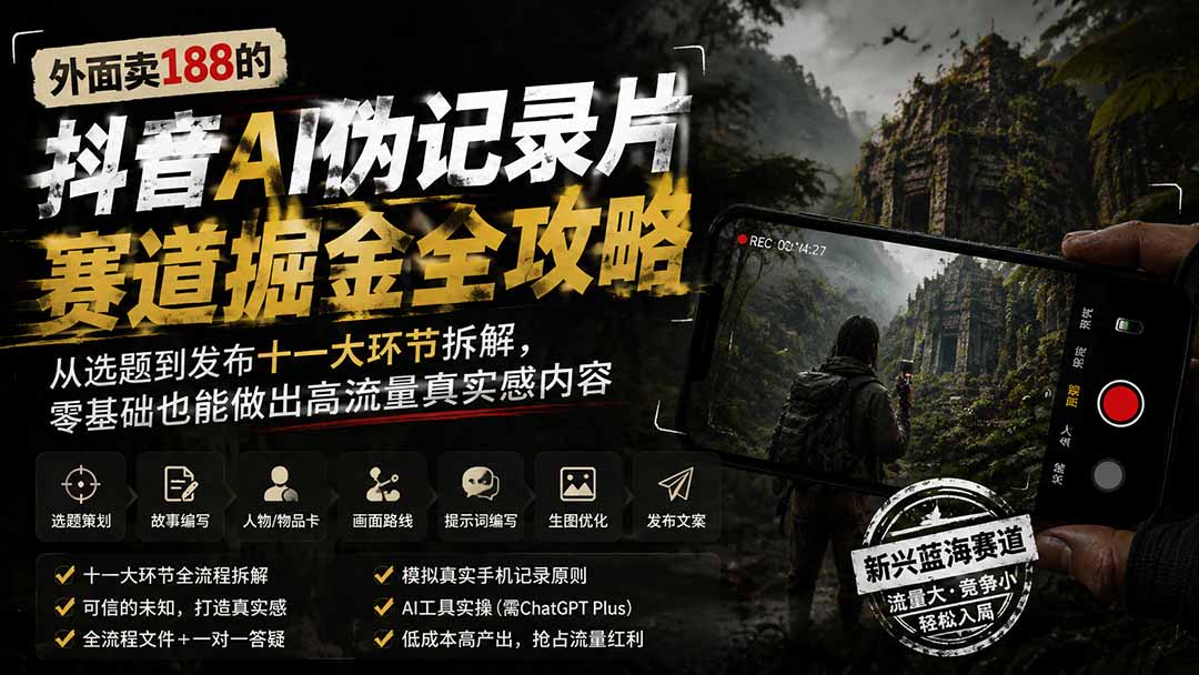 外面卖188的抖音AI伪记录片赛道掘金全攻略；从选题到发布十一大环节拆解，零基础也能做出高流量真实感内容-独家科技资源网