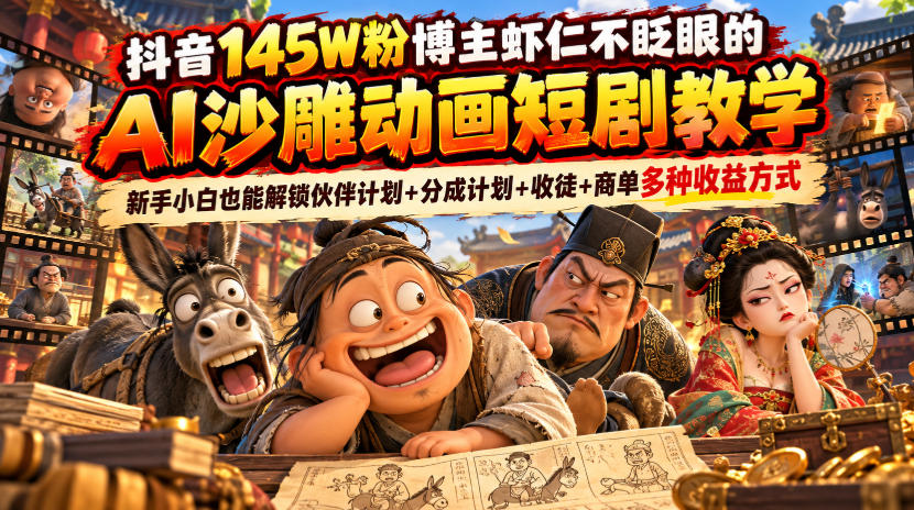 抖音145W粉博主虾仁不眨眼的AI沙雕动画短剧教学，新手小白也能解锁伙伴计划+分成计划+收徒+商单多种收益方式-独家科技资源网