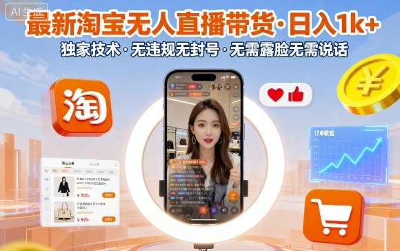 最新淘宝无人直播带货，日入1k+，独家技术，无违规无封号，无需露脸无需说话【揭秘】-独家科技资源网