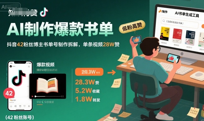 AI制作爆款书单，抖音42粉丝博主书单号制作拆解，单条视频28W赞-独家科技资源网