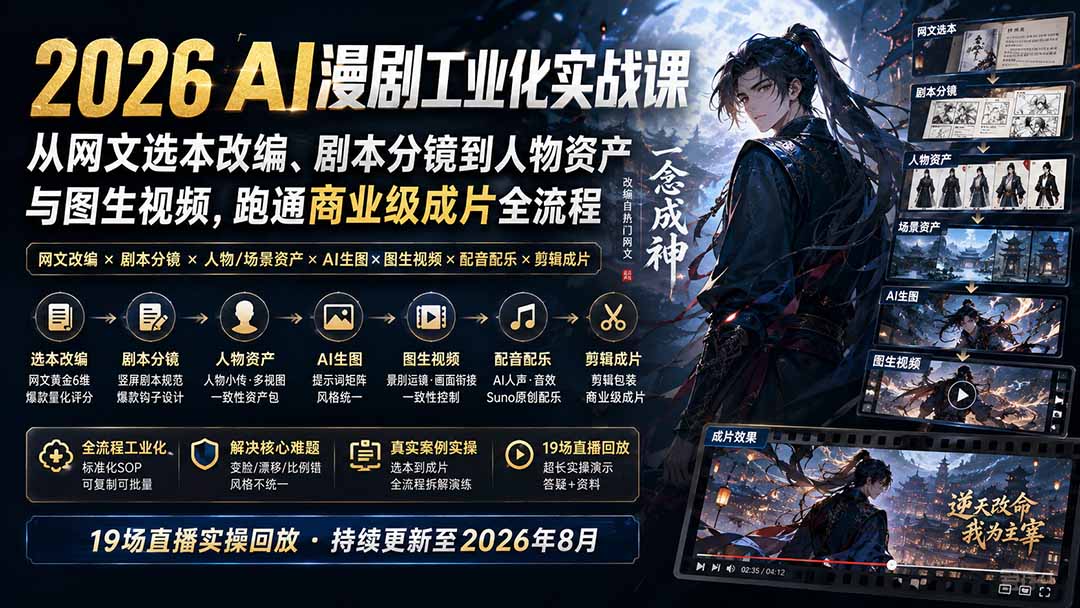 2026 AI漫剧工业化实战课-更新:从网文选本改编、剧本分镜到人物资产与图生视频,跑通商业级成片全流程-独家科技资源网