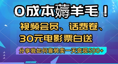 0成本薅羊毛!视频会员、话费卷、30元电影票白送，分享我如何靠转卖一天变现5张+【揭秘】-独家科技资源网