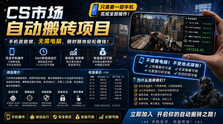 手机即可操作的CS市场自动搬砖系统｜自动监控｜自动下单|日入300+【揭秘】-独家科技资源网