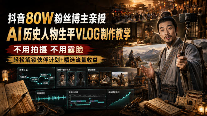 抖音80W粉丝博主的AI历史人物生平VLOG教学，不用拍摄不用露脸，AI帮你搞定，轻松解锁伙伴计划+精选收益-独家科技资源网
