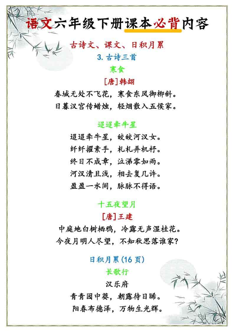六年级下语文课本必背内容-独家科技资源网