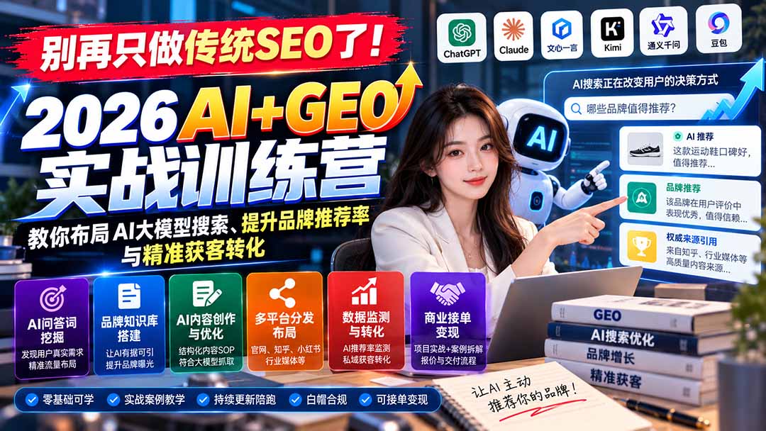 别再只做传统SEO了！《2026AI+GEO实战训练营》教你布局AI大模型搜索、提升品牌推荐率与精准获客转化-独家科技资源网