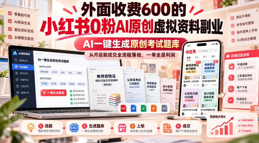 外面收费600的小红书0粉AI原创虚拟资料副业，AI一键生成原创考试题库，从开店到成交全流程落地，一单全是利润-独家科技资源网