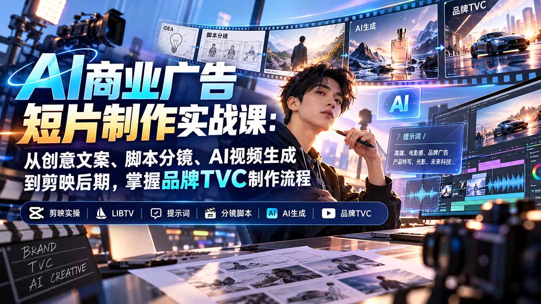 AI商业广告短片制作实战课:从创意文案、脚本分镜、AI视频生成到剪映后期,掌握品牌TVC制作流程-独家科技资源网