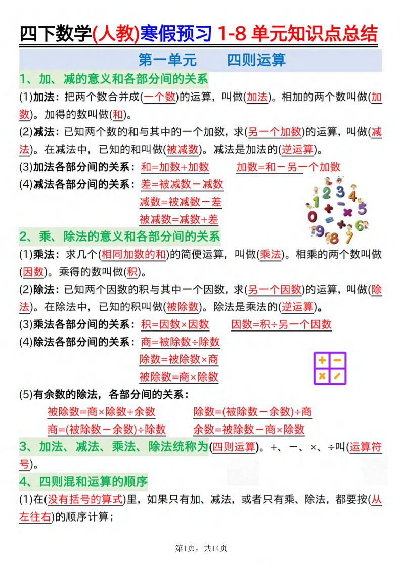 26春四下人教数学寒假预习1-8单元知识点总结14页-独家科技资源网