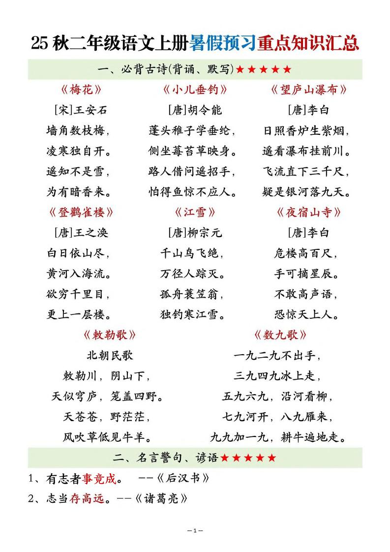 25秋二上语文暑假预习重点知识汇总20页-独家科技资源网