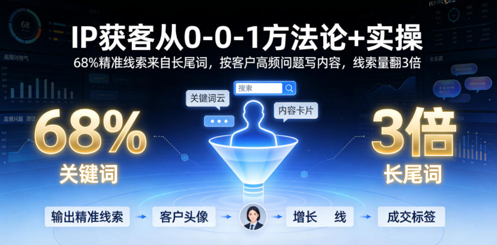 IP获客从0-1方法论+实操，68%精准线索来自长尾词，按客户高频问题写内容，线索量翻3倍-独家科技资源网
