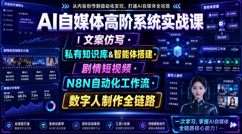 AI自媒体高阶系统实战课｜文案仿写・私有知识库&智能体搭建・剧情短视频・N8N自动化工作流・数字人制作全链路-独家科技资源网