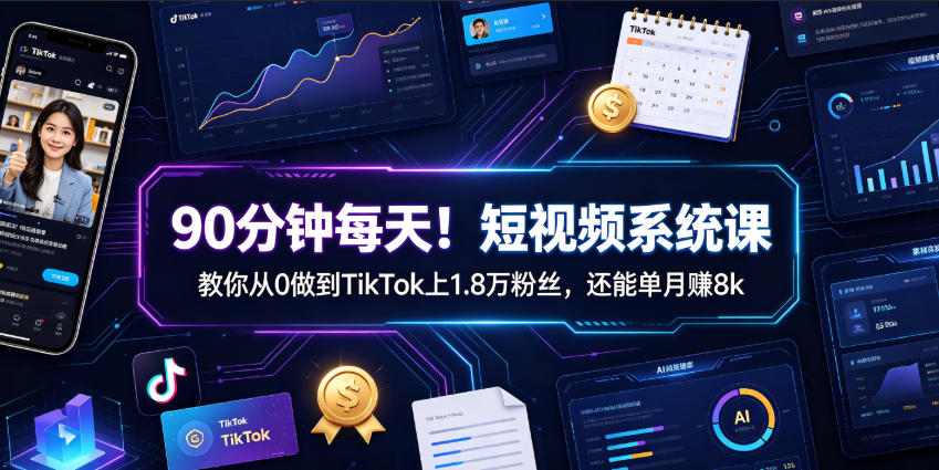 90分钟每天！短视频系统课教你从0做到TikTok上1.8万粉丝，还能单月賺8k【原创双语字幕】-独家科技资源网