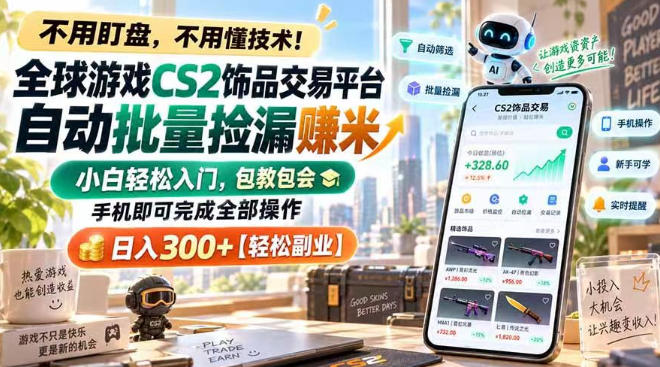 全球游戏CS2饰品交易平台自动批量捡漏賺米,小白轻松入门,包教包会,手机即可完成全部操作,日入300+【揭秘】-独家科技资源网