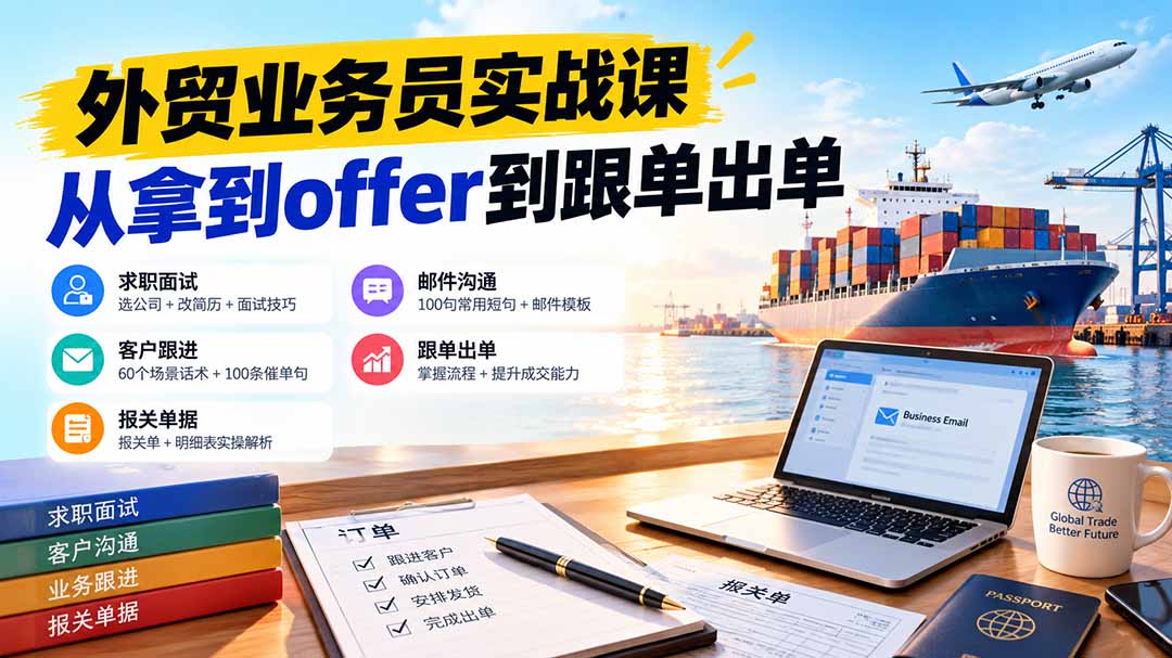 外贸业务员从求职到出单实战课：教你筛选优质公司、优化简历、应对面试、客户跟进催单及出口报关操作篇-独家科技资源网