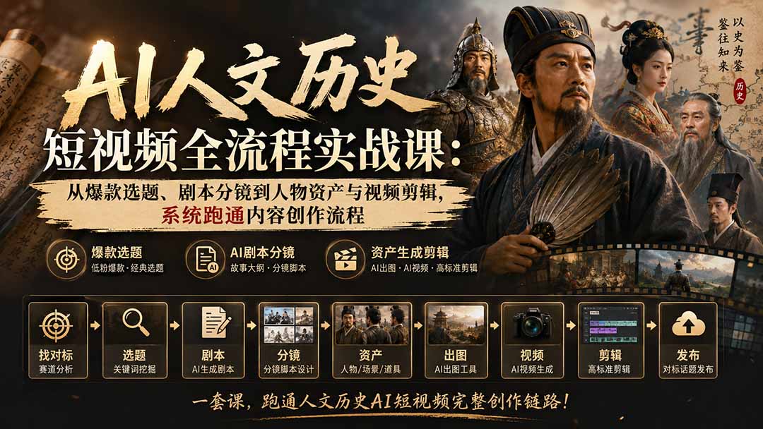 AI人文历史短视频全流程实战课:从爆款选题、剧本分镜到人物资产与视频剪辑,系统跑通内容创作流程-独家科技资源网